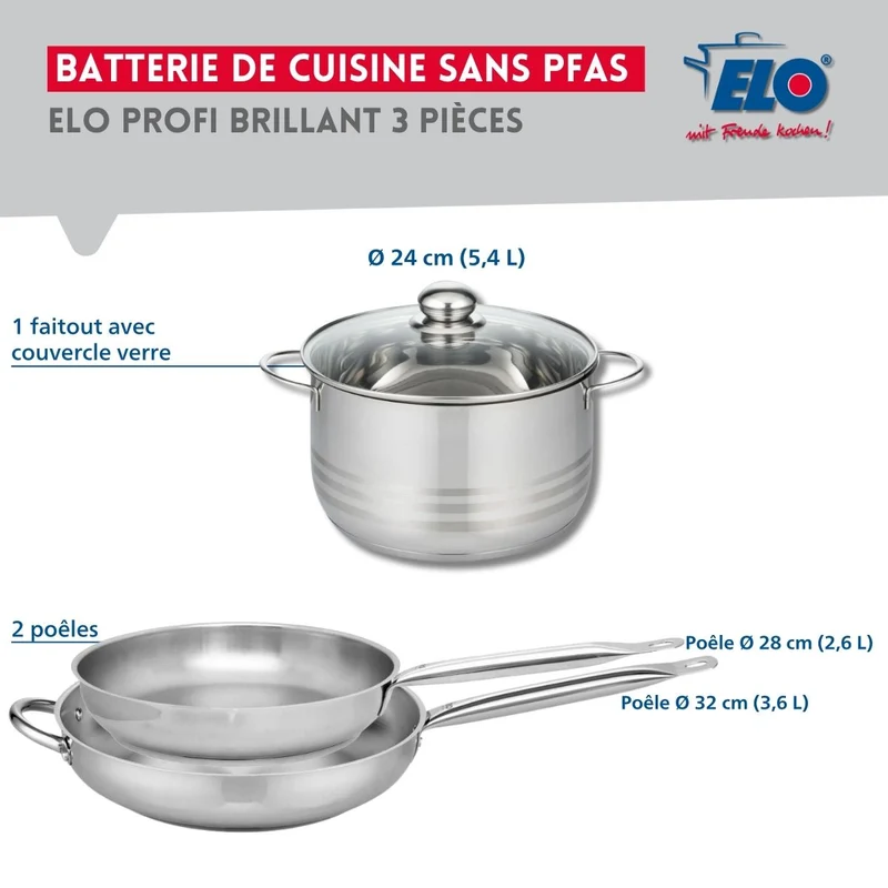Ensemble de 2 Poêles de cuisson 28 et 32 cm et 1 faitout 24 cm Elo Profi Brillant