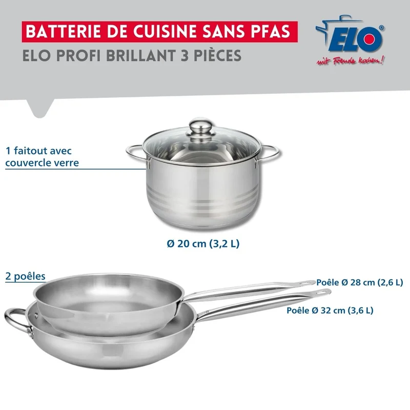 Ensemble de 2 Poêles de cuisson 28 et 32 cm et 1 faitout 20 cm Elo Profi Brillant