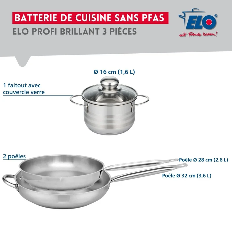 Ensemble de 2 Poêles de cuisson 28 et 32 cm et 1 faitout 16 cm Elo Profi Brillant