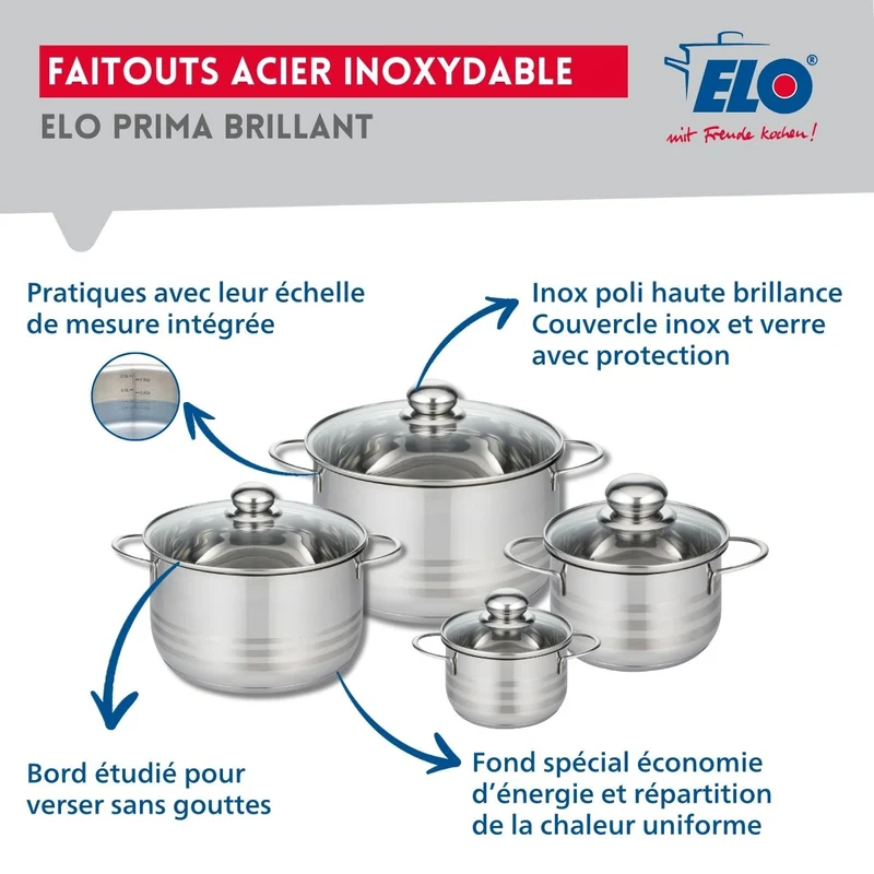 Ensemble de 1 Poêle de cuisson 32 cm et 4 faitouts 12, 16, 20 et 24 cm Elo Profi Brillant