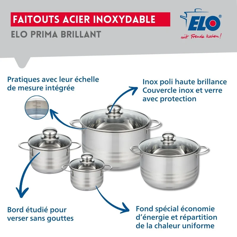 Ensemble de 1 Poêle de cuisson 32 cm et 4 faitouts 12, 14, 20 et 24 cm Elo Profi Brillant