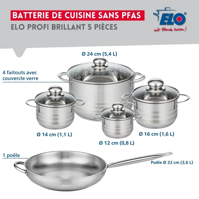 Ensemble de 1 Poêle de cuisson 32 cm et 4 faitouts 12, 14, 16 et 24 cm Elo Profi Brillant