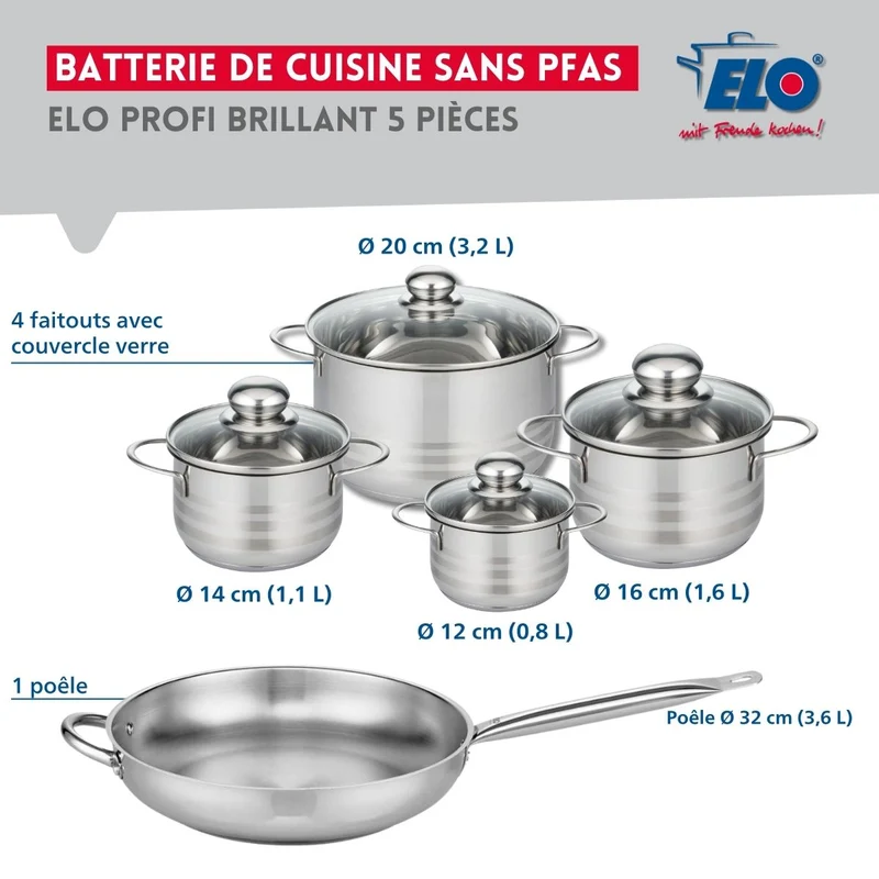 Ensemble de 1 Poêle de cuisson 32 cm et 4 faitouts 12, 14, 16 et 20 cm Elo Profi Brillant