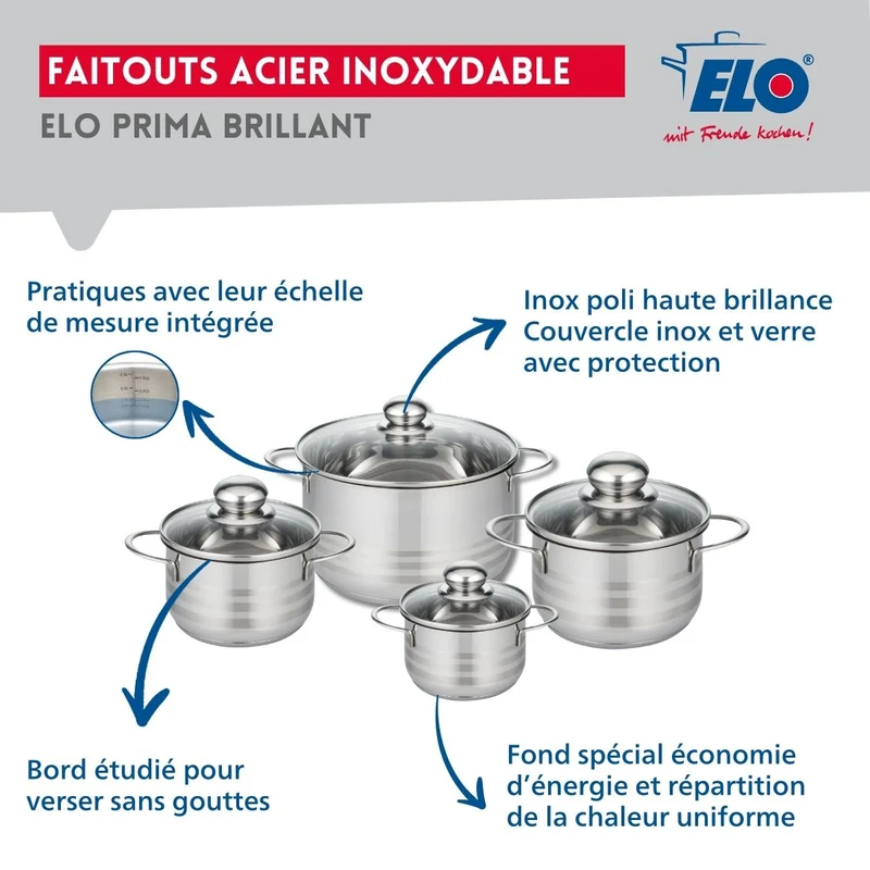 Ensemble de 1 Poêle de cuisson 32 cm et 4 faitouts 12, 14, 16 et 20 cm Elo Profi Brillant