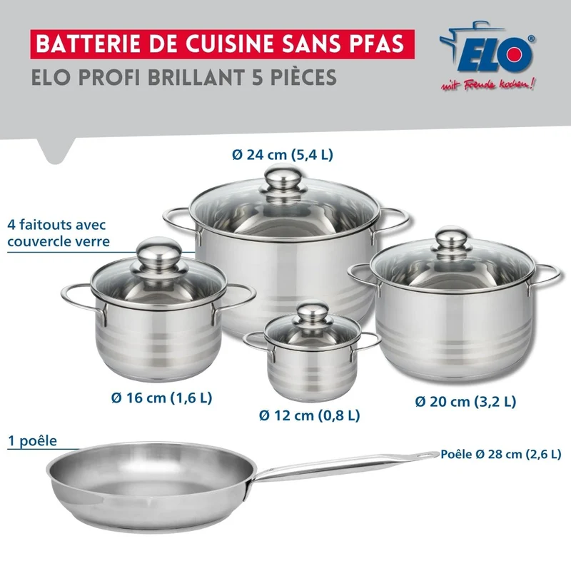 Ensemble de 1 Poêle de cuisson 28 cm et 4 faitouts 12, 16, 20 et 24 cm Elo Profi Brillant