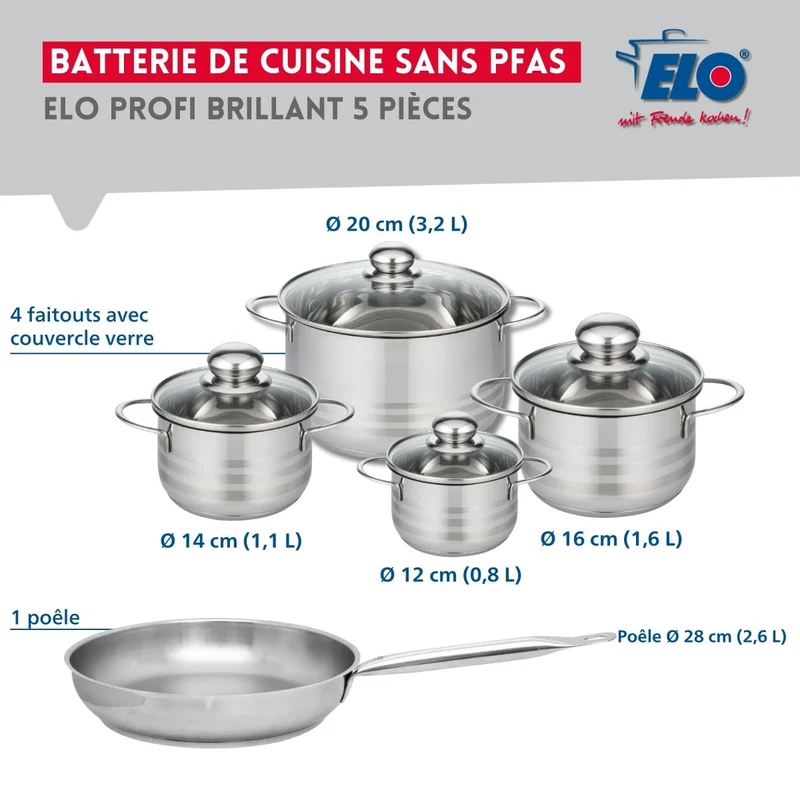 Ensemble de 1 Poêle de cuisson 28 cm et 4 faitouts 12, 14, 16 et 20 cm Elo Profi Brillant