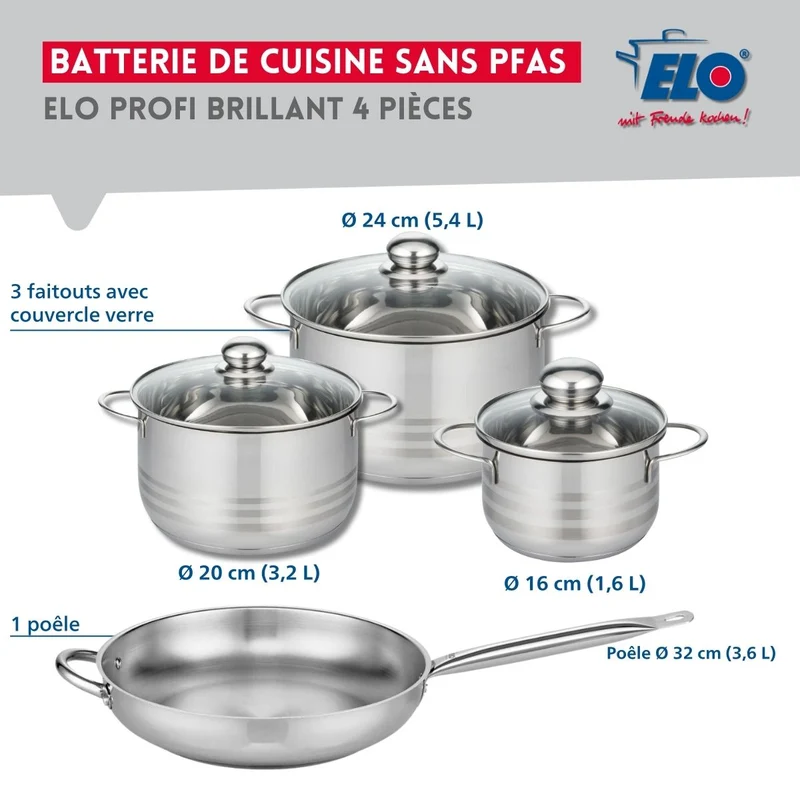Ensemble de 1 Poêle de cuisson 32 cm et 3 faitouts 16, 20 et 24 cm Elo Profi Brillant