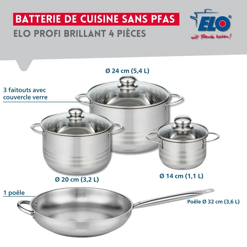 Ensemble de 1 Poêle de cuisson 32 cm et 3 faitouts 14, 20 et 24 cm Elo Profi Brillant