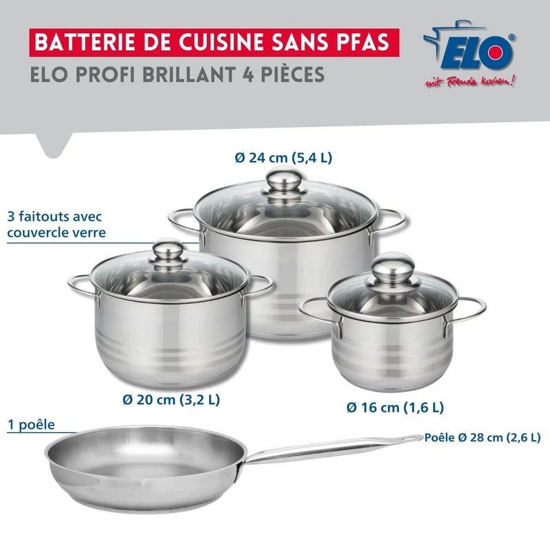 Ensemble de 1 Poêle de cuisson 28 cm et 3 faitouts 16, 20 et 24 cm Elo Profi Brillant