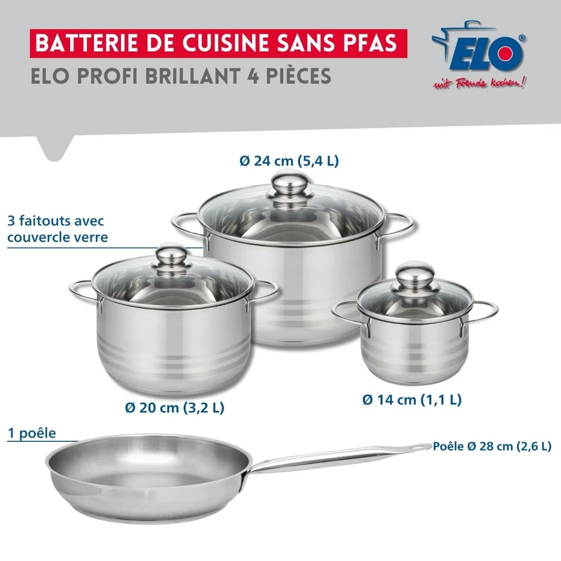 Ensemble de 1 Poêle de cuisson 28 cm et 3 faitouts 14, 20 et 24 cm Elo Profi Brillant