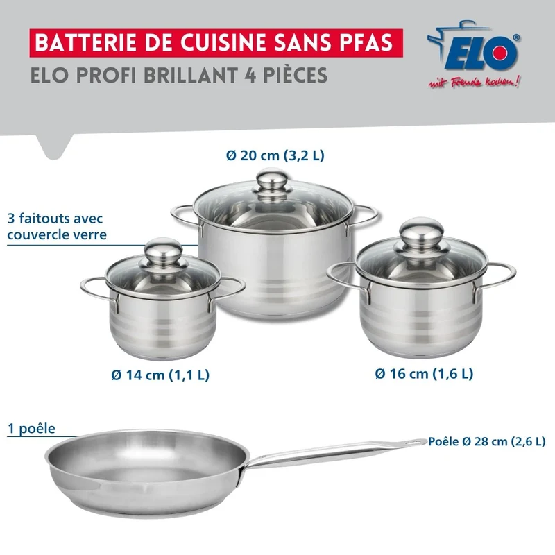 Ensemble de 1 Poêle de cuisson 28 cm et 3 faitouts 14, 16 et 20 cm Elo Profi Brillant