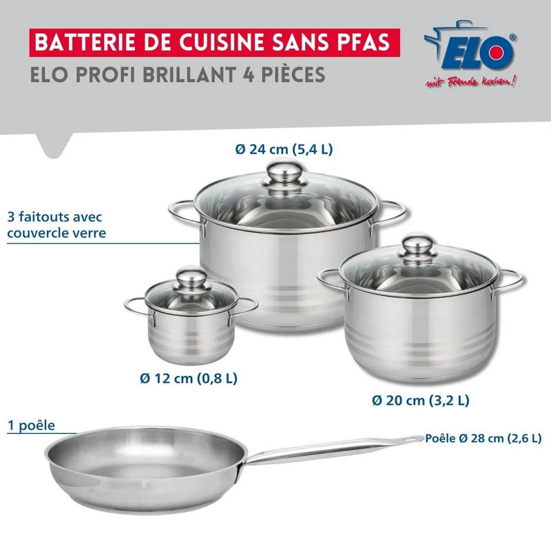 Ensemble de 1 Poêle de cuisson 28 cm et 3 faitouts 12, 20 et 24 cm Elo Profi Brillant