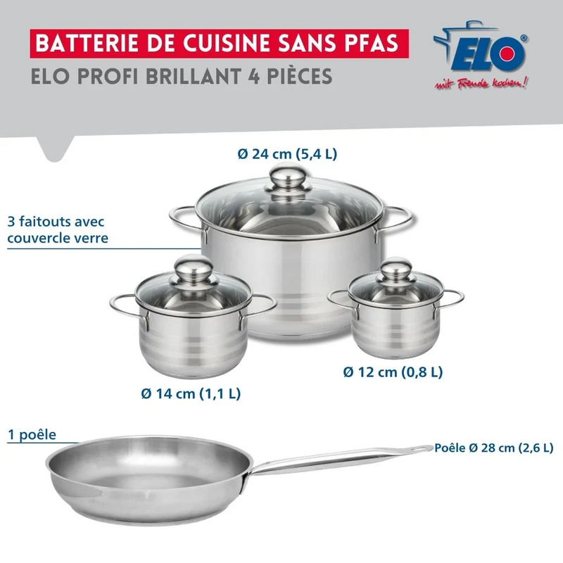 Ensemble de 1 Poêle de cuisson 28 cm et 3 faitouts 12, 14 et 24 cm Elo Profi Brillant