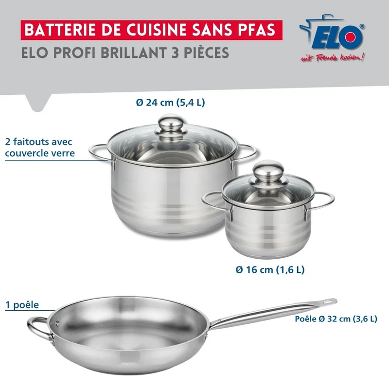 Ensemble de 1 Poêle de cuisson 32 cm et 2 faitouts 16 et 24 cm Elo Profi Brillant