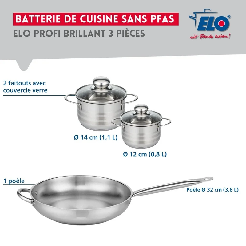 Ensemble de 1 Poêle de cuisson 32 cm et 2 faitouts 12 et 14 cm Elo Profi Brillant