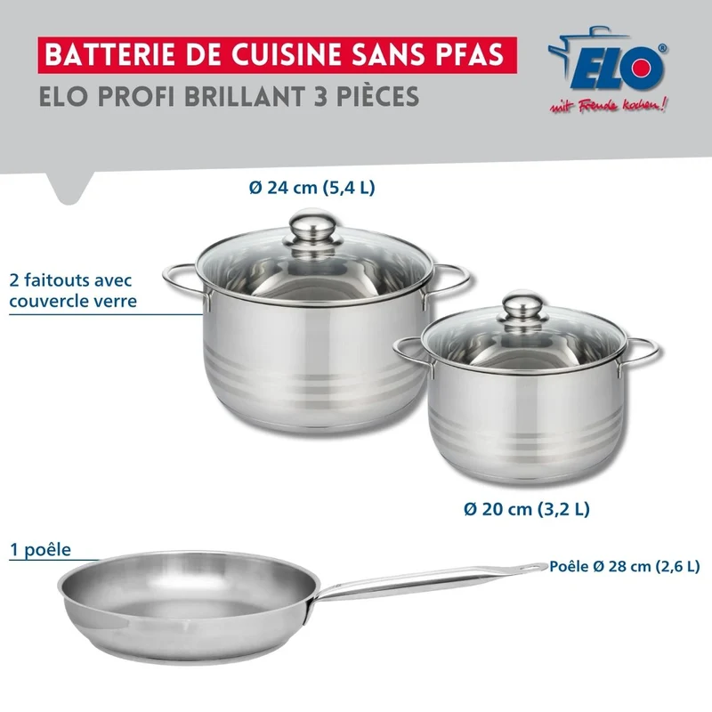 Ensemble de 1 Poêle de cuisson 28 cm et 2 faitouts 20 et 24 cm Elo Profi Brillant