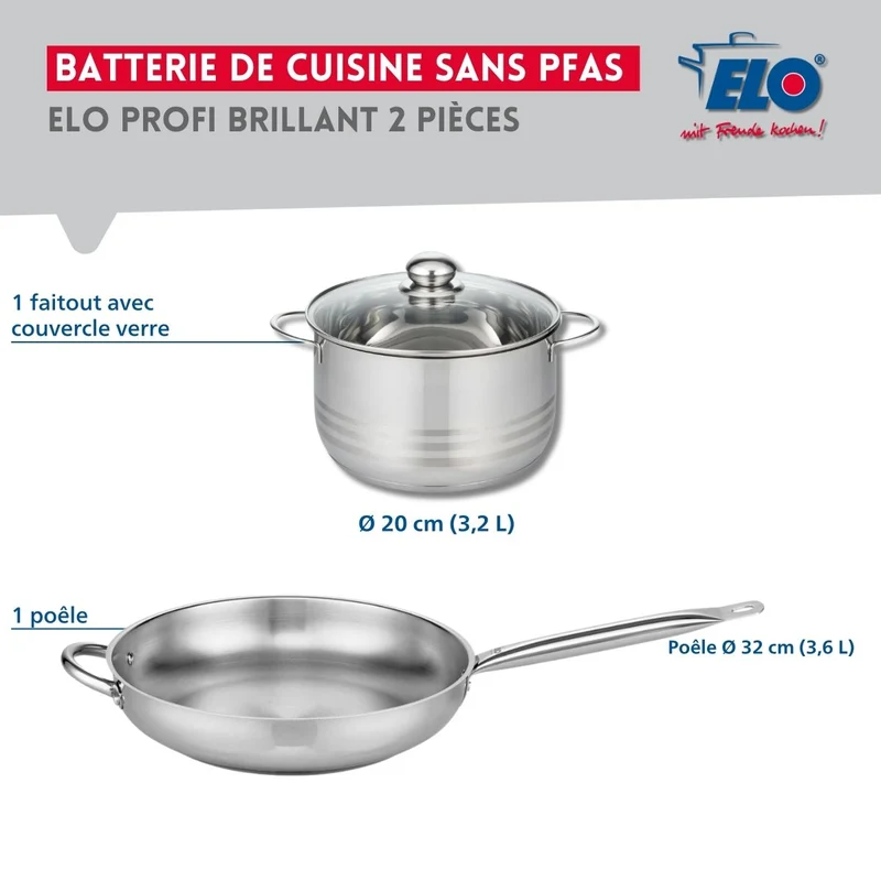 Ensemble de 1 Poêle de cuisson 32 cm et 1 faitout 20 cm Elo Profi Brillant