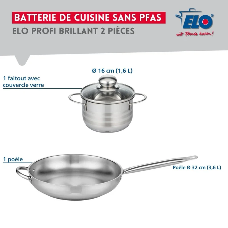 Ensemble de 1 Poêle de cuisson 32 cm et 1 faitout 16 cm Elo Profi Brillant