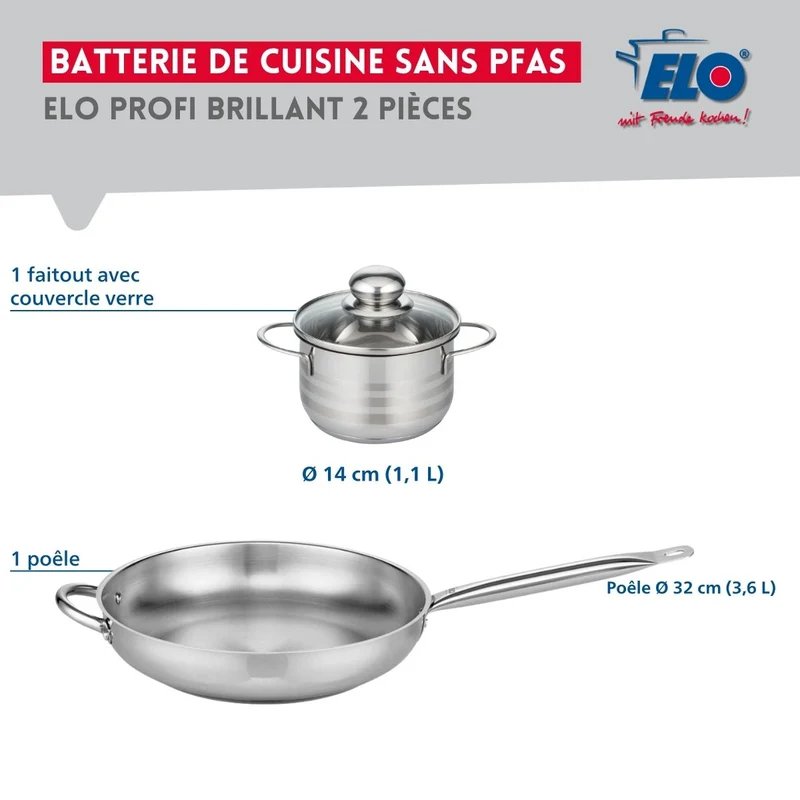 Ensemble de 1 Poêle de cuisson 32 cm et 1 faitout 14 cm Elo Profi Brillant