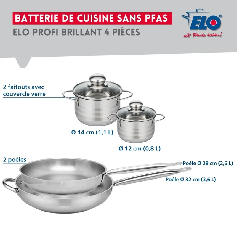 Ensemble de 2 Poêles de cuisson 28 et 32 cm et 2 faitouts 12 et 14 cm Elo Profi Brillant