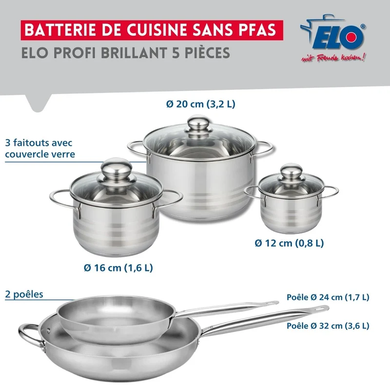 Ensemble de 2 Poêles de cuisson 24 et 32 cm et 3 faitouts 12, 16 et 20 cm Elo Profi Brillant