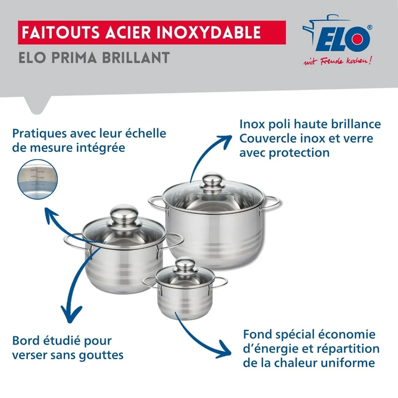 Ensemble de 2 Poêles de cuisson 24 et 32 cm et 3 faitouts 12, 16 et 20 cm Elo Profi Brillant