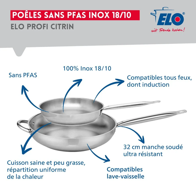 Ensemble de 2 Poêles de cuisson 24 et 32 cm et 3 faitouts 12, 16 et 20 cm Elo Profi Brillant