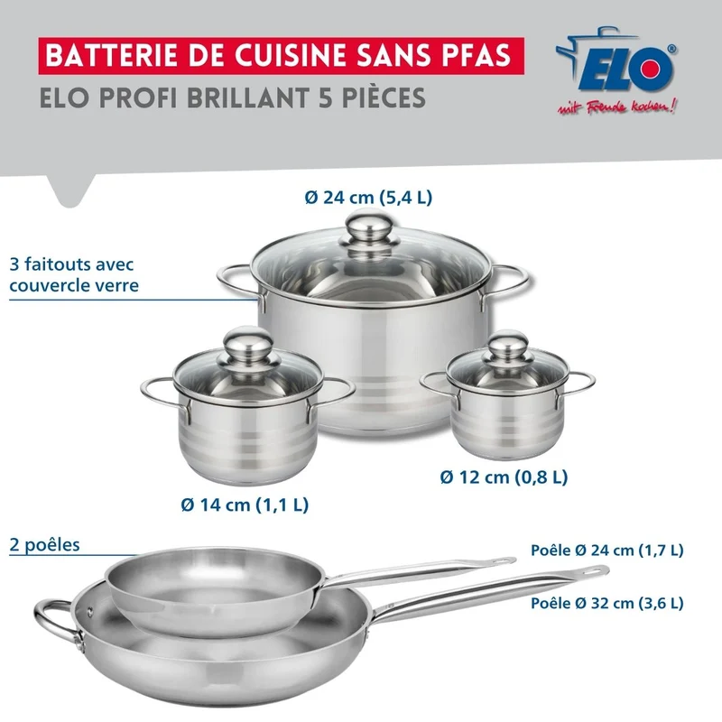 Ensemble de 2 Poêles de cuisson 24 et 32 cm et 3 faitouts 12, 14 et 24 cm Elo Profi Brillant