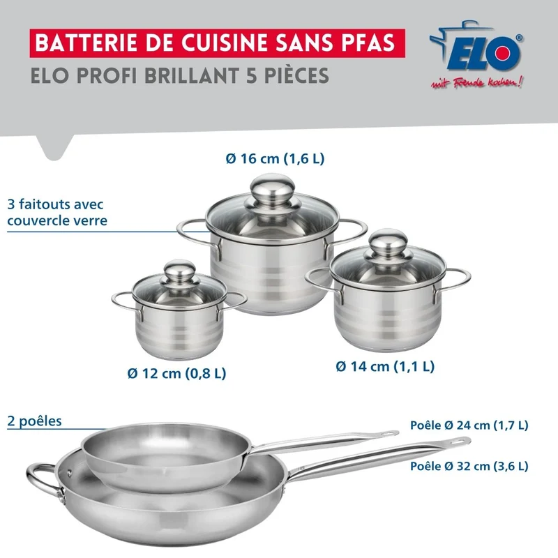 Ensemble de 2 Poêles de cuisson 24 et 32 cm et 3 faitouts 12, 14 et 16 cm Elo Profi Brillant