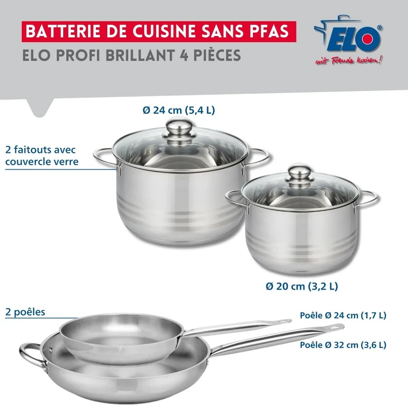 Ensemble de 2 Poêles de cuisson 24 et 32 cm et 2 faitouts 20 et 24 cm Elo Profi Brillant