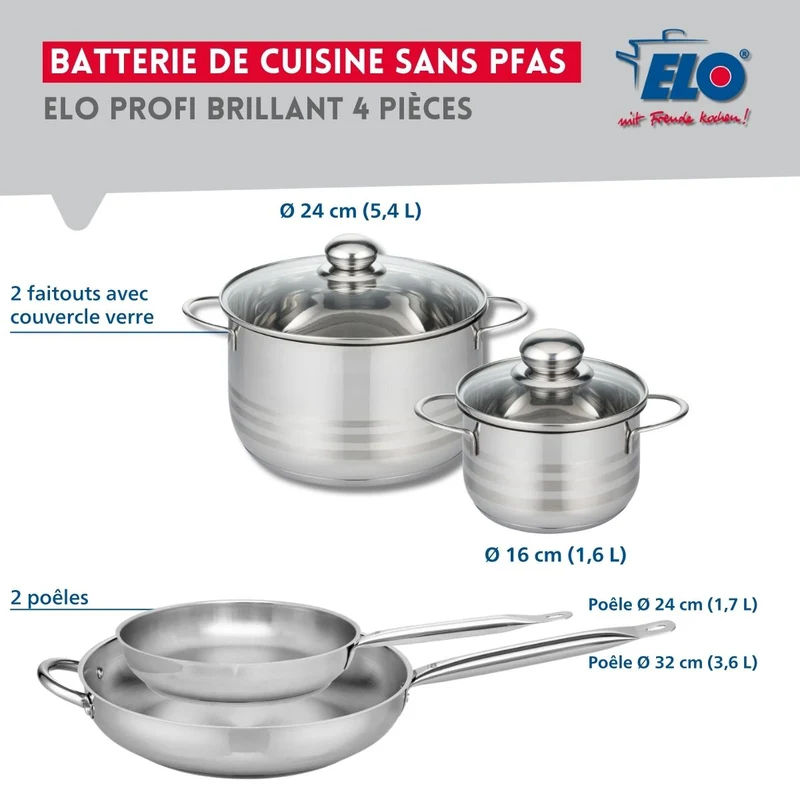 Ensemble de 2 Poêles de cuisson 24 et 32 cm et 2 faitouts 16 et 24 cm Elo Profi Brillant