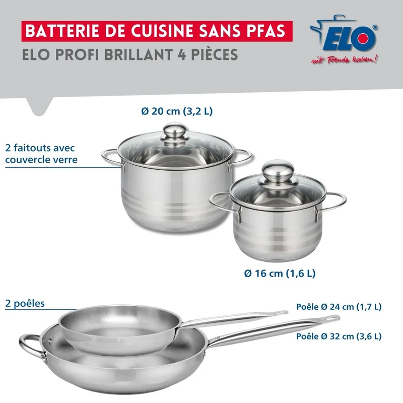Ensemble de 2 Poêles de cuisson 24 et 32 cm et 2 faitouts 16 et 20 cm Elo Profi Brillant