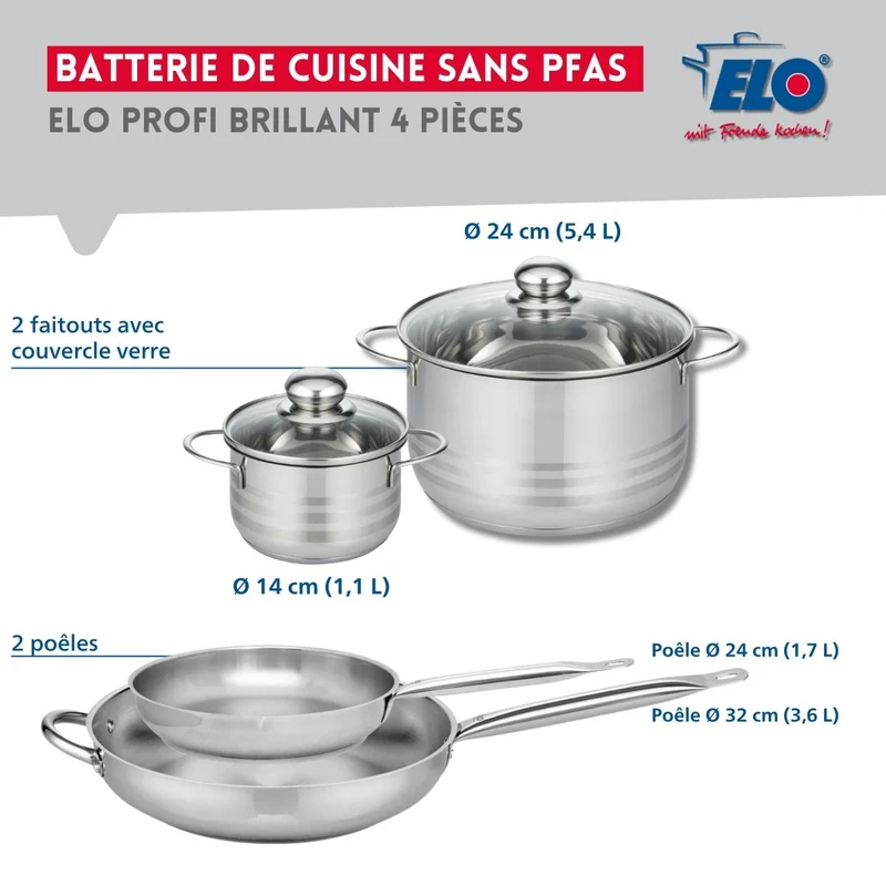Ensemble de 2 Poêles de cuisson 24 et 32 cm et 2 faitouts 14 et 24 cm Elo Profi Brillant