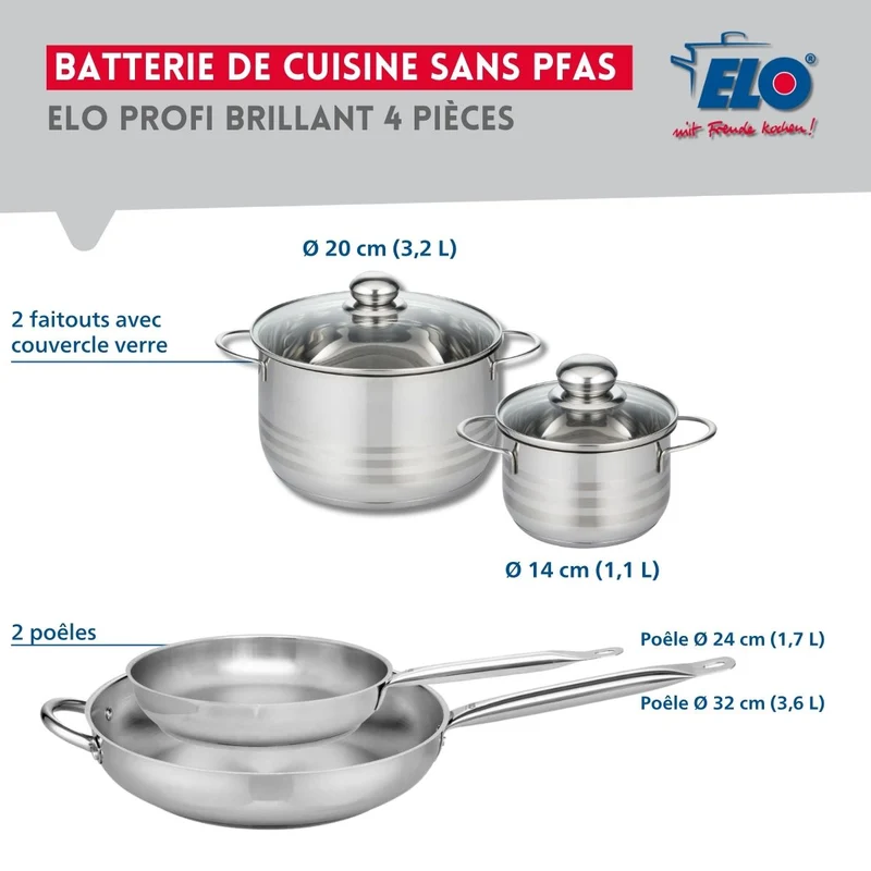 Ensemble de 2 Poêles de cuisson 24 et 32 cm et 2 faitouts 14 et 20 cm Elo Profi Brillant