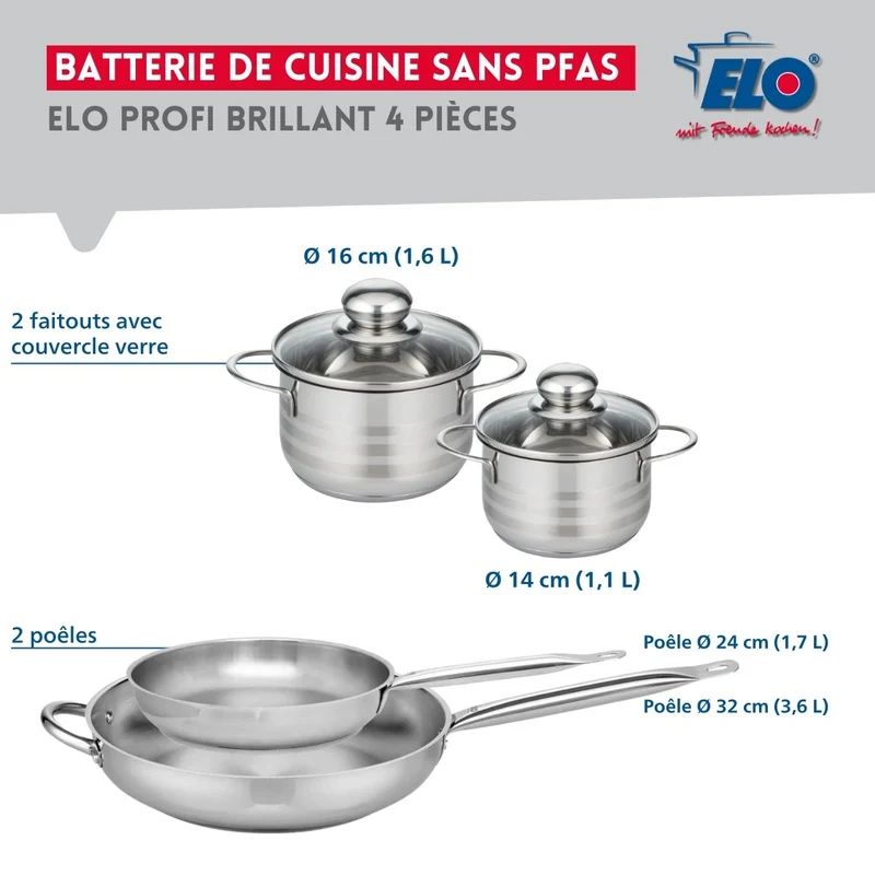 Ensemble de 2 Poêles de cuisson 24 et 32 cm et 2 faitouts 14 et 16 cm Elo Profi Brillant