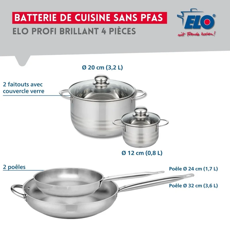 Ensemble de 2 Poêles de cuisson 24 et 32 cm et 2 faitouts 12 et 20 cm Elo Profi Brillant