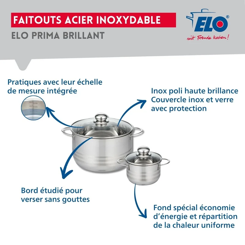 Ensemble de 2 Poêles de cuisson 24 et 32 cm et 2 faitouts 12 et 20 cm Elo Profi Brillant