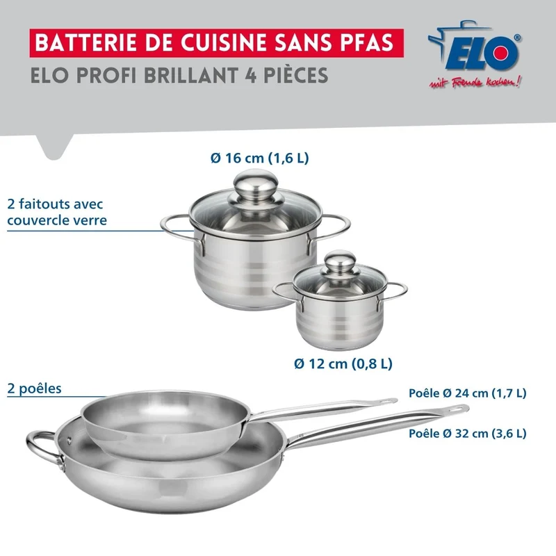 Ensemble de 2 Poêles de cuisson 24 et 32 cm et 2 faitouts 12 et 16 cm Elo Profi Brillant