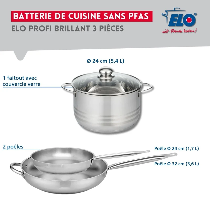 Ensemble de 2 Poêles de cuisson 24 et 32 cm et 1 faitout 24 cm Elo Profi Brillant