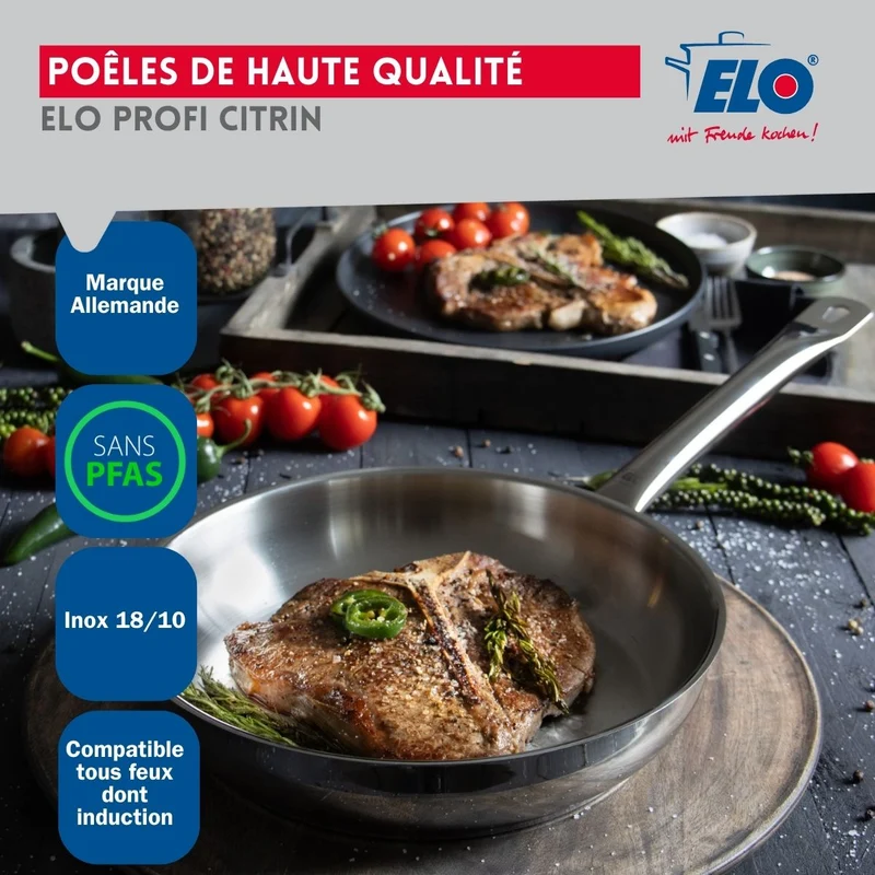 Ensemble de 2 Poêles de cuisson 24 et 32 cm et 1 faitout 20 cm Elo Profi Brillant