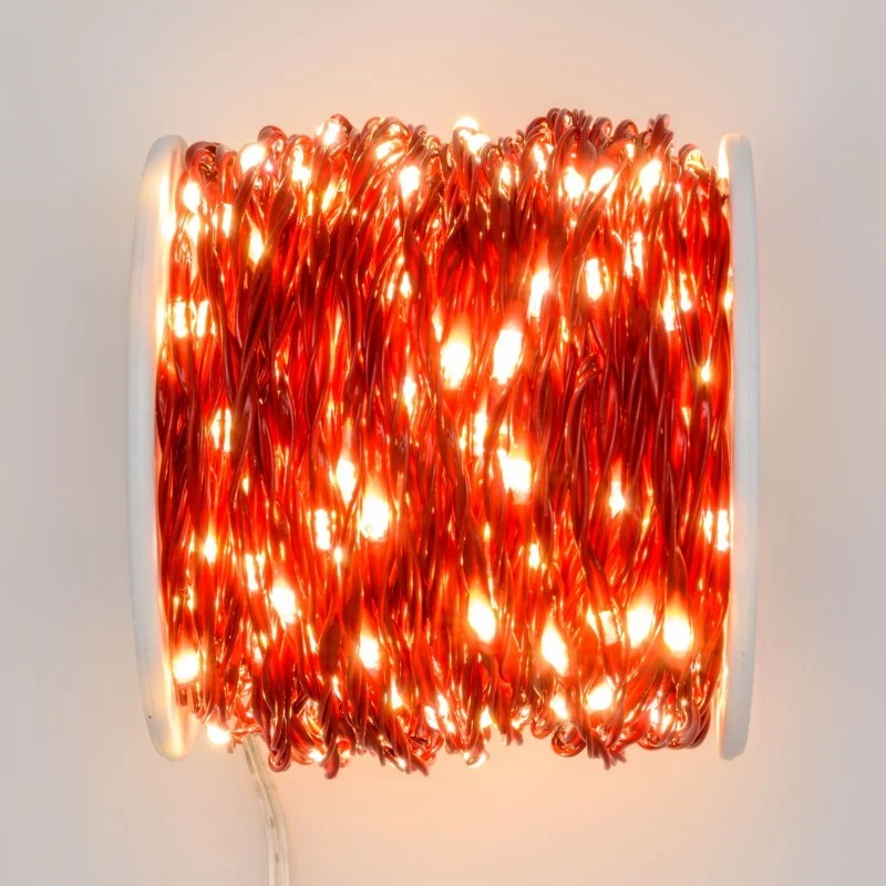 Bobine de chaîne MicroLED 25m, Lumière Fixe, 500 Lampes, Ø1,5mm, Transformateur inclus, Câble Métallique Rouge