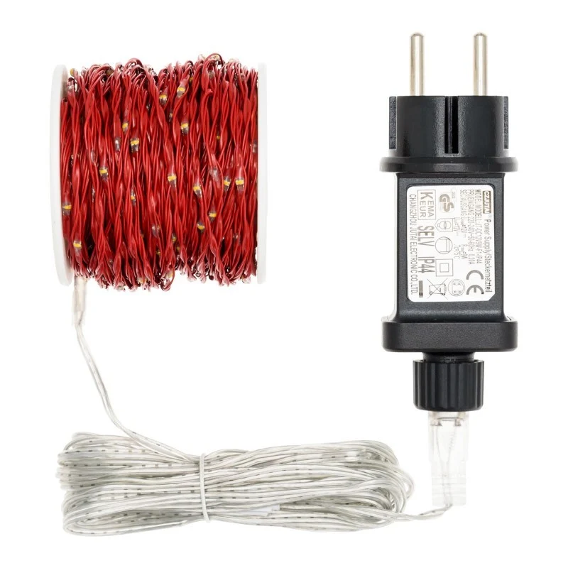 Bobine de chaîne MicroLED 25m, Lumière Fixe, 500 Lampes, Ø1,5mm, Transformateur inclus, Câble Métallique Rouge