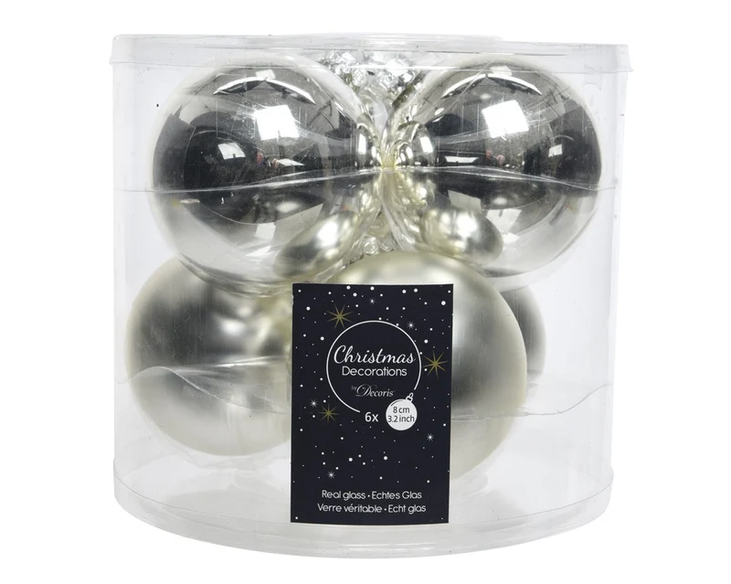 Lot de 6 boules de Noël en verre argent poli satiné, 8 cm