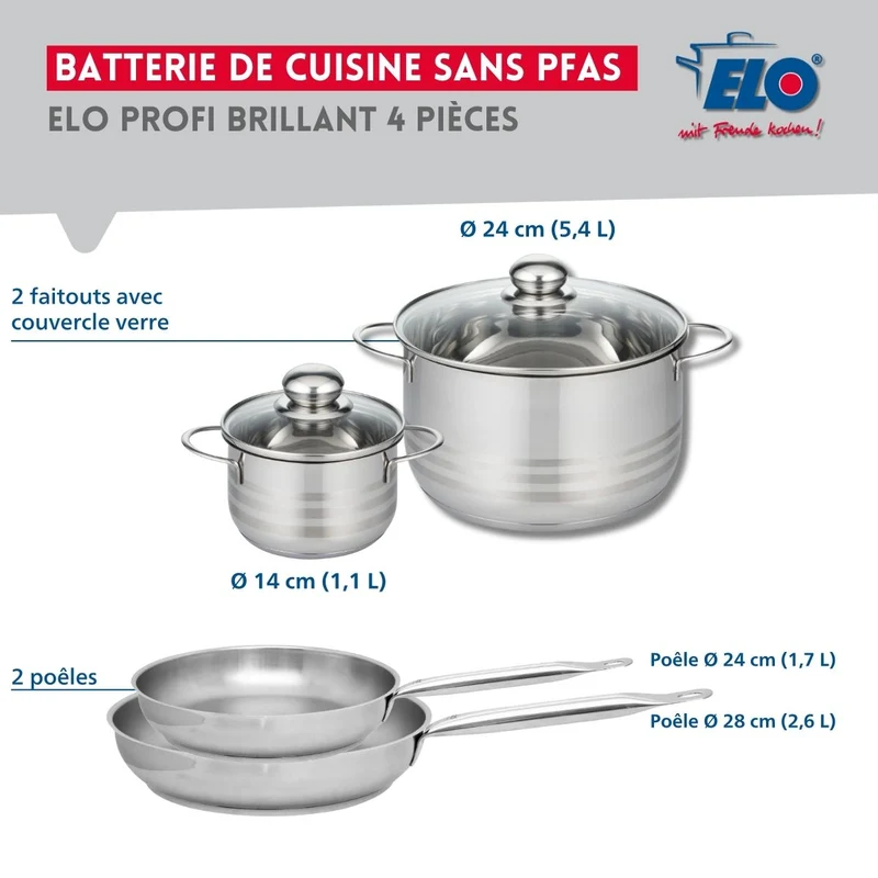 Ensemble de 2 Poêles de cuisson 24 et 28 cm et 2 faitouts 14 et 24 cm Elo Profi Brillant