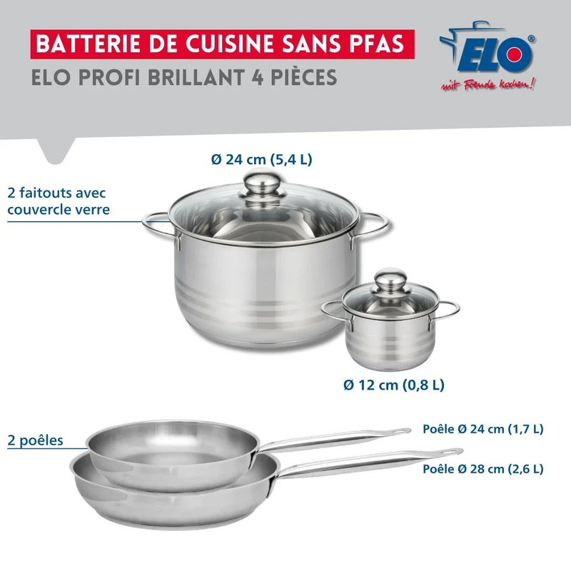 Ensemble de 2 Poêles de cuisson 24 et 28 cm et 2 faitouts 12 et 24 cm Elo Profi Brillant