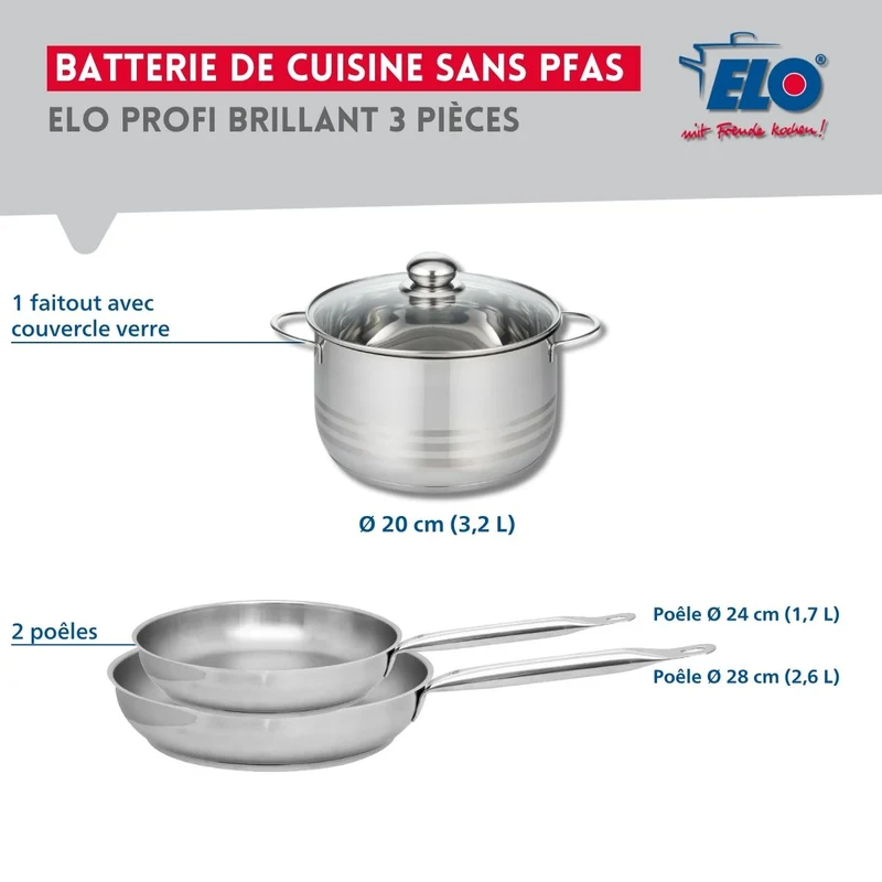 Ensemble de 2 Poêles de cuisson 24 et 28 cm et 1 faitout 20 cm Elo Profi Brillant