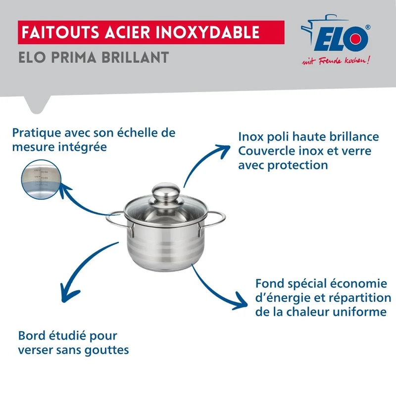 Ensemble de 2 Poêles de cuisson 24 et 28 cm et 1 faitout 16 cm Elo Profi Brillant