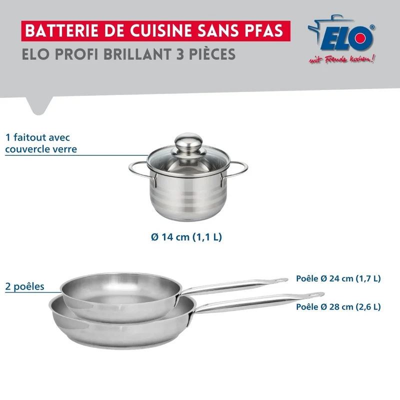 Ensemble de 2 Poêles de cuisson 24 et 28 cm et 1 faitout 14 cm Elo Profi Brillant