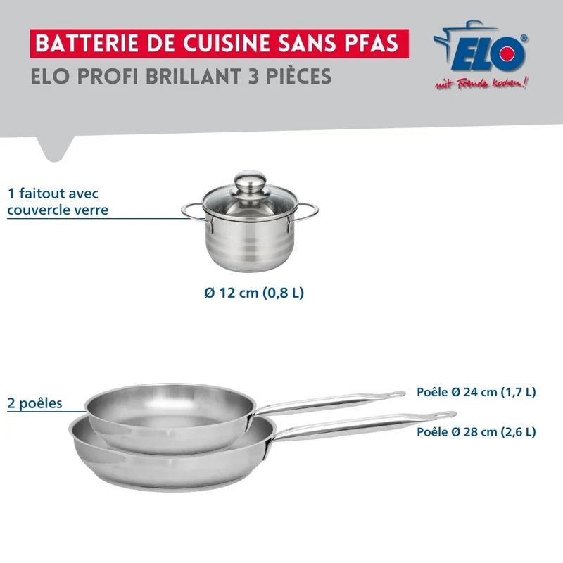 Ensemble de 2 Poêles de cuisson 24 et 28 cm et 1 faitout 12 cm Elo Profi Brillant