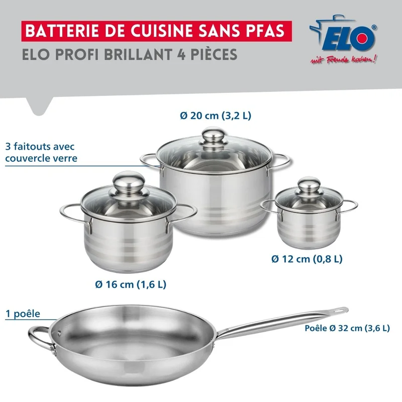 Ensemble de 1 Poêle de cuisson 32 cm et 3 faitouts 12, 16 et 20 cm Elo Profi Brillant